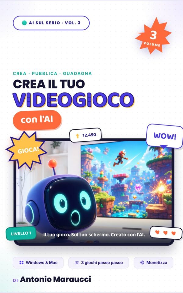 Copertina del libro «Crea il tuo videogioco con l’AI» di Antonio Maraucci