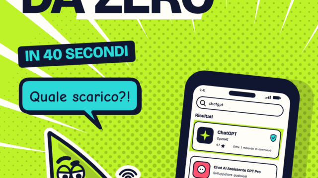 Miniatura dello Short «ChatGPT da zero in 40 secondi»: titolo su fondo lime, Serio che tocca e un telefono con l’app ufficiale di OpenAI evidenziata.