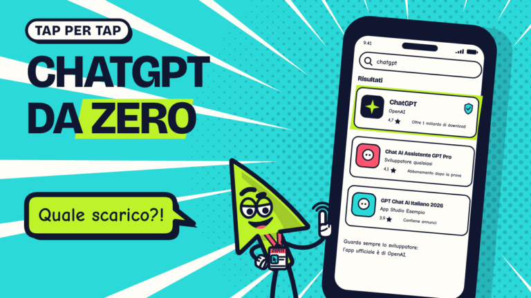 Serio, il cursore di AI Sul Serio, davanti a un telefono grande con il negozio delle app ridisegnato: la ricerca «chatgpt», l’app ufficiale di OpenAI evidenziata e due copie; titolo «ChatGPT da zero».