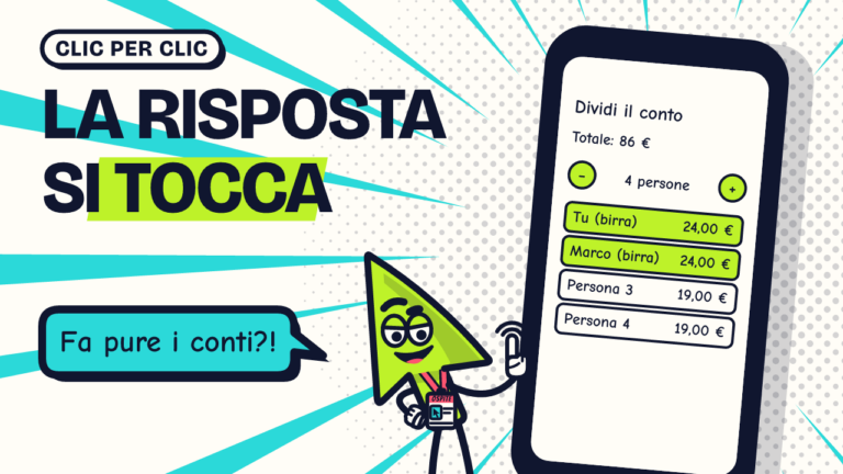Serio, il cursore di AI Sul Serio, tocca un telefono che mostra lo strumento «Dividi il conto» con 4 persone e 86 euro; titolo «La risposta si tocca».