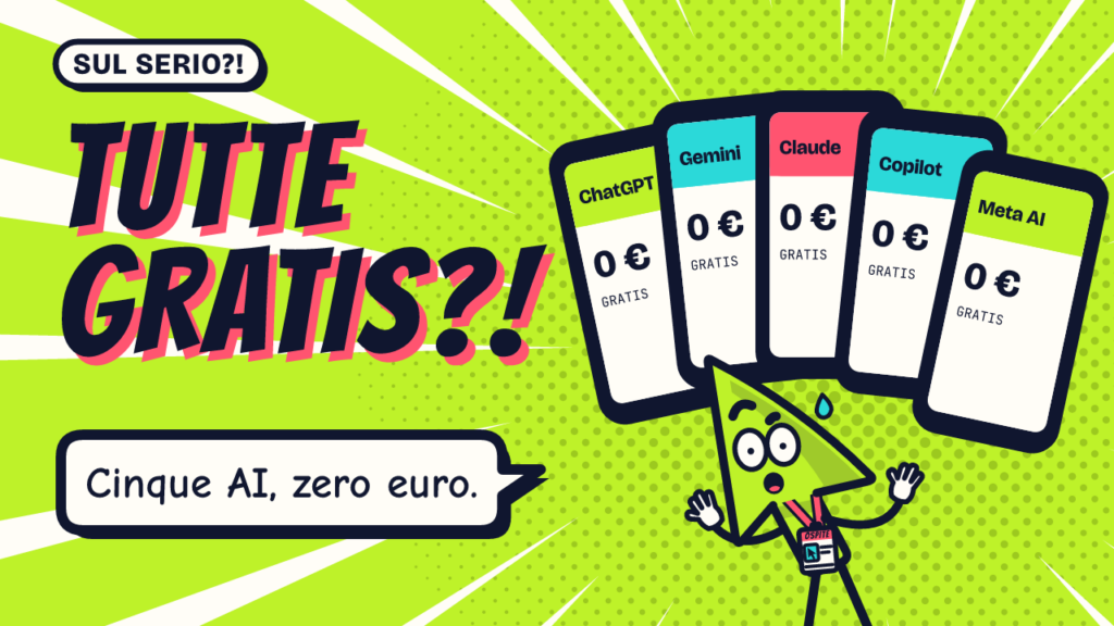 Serio, il cursore di AI Sul Serio, sorpreso davanti a cinque telefoni a ventaglio: ChatGPT, Gemini, Claude, Copilot e Meta AI, tutti con «0 €»; titolo «Tutte gratis?!».