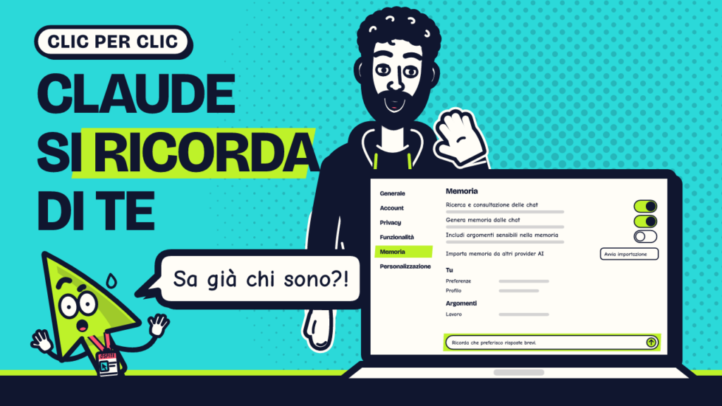 Copertina: Antonio mostra un portatile sul tavolo con la pagina Memoria di Claude ridisegnata; Serio, il cursore lime, sorpreso: Sa già chi sono?! Titolo: Claude si ricorda di te.