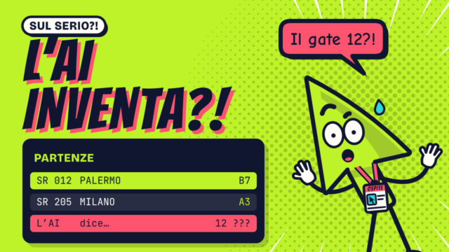 Serio in aeroporto, sorpreso, davanti al tabellone delle partenze: il suo volo parte dal B7, ma l’AI gli ha detto gate 12, che non esiste. Titolo: L’AI inventa?!