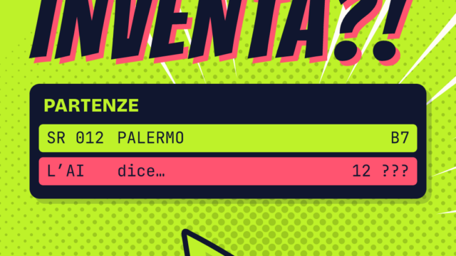 Serio sorpreso sotto il titolo «L’AI inventa?!»: sul tabellone delle partenze il volo SR 012 parte dal B7, ma l’AI dice gate 12. Nuvoletta: «Il gate 12?!»