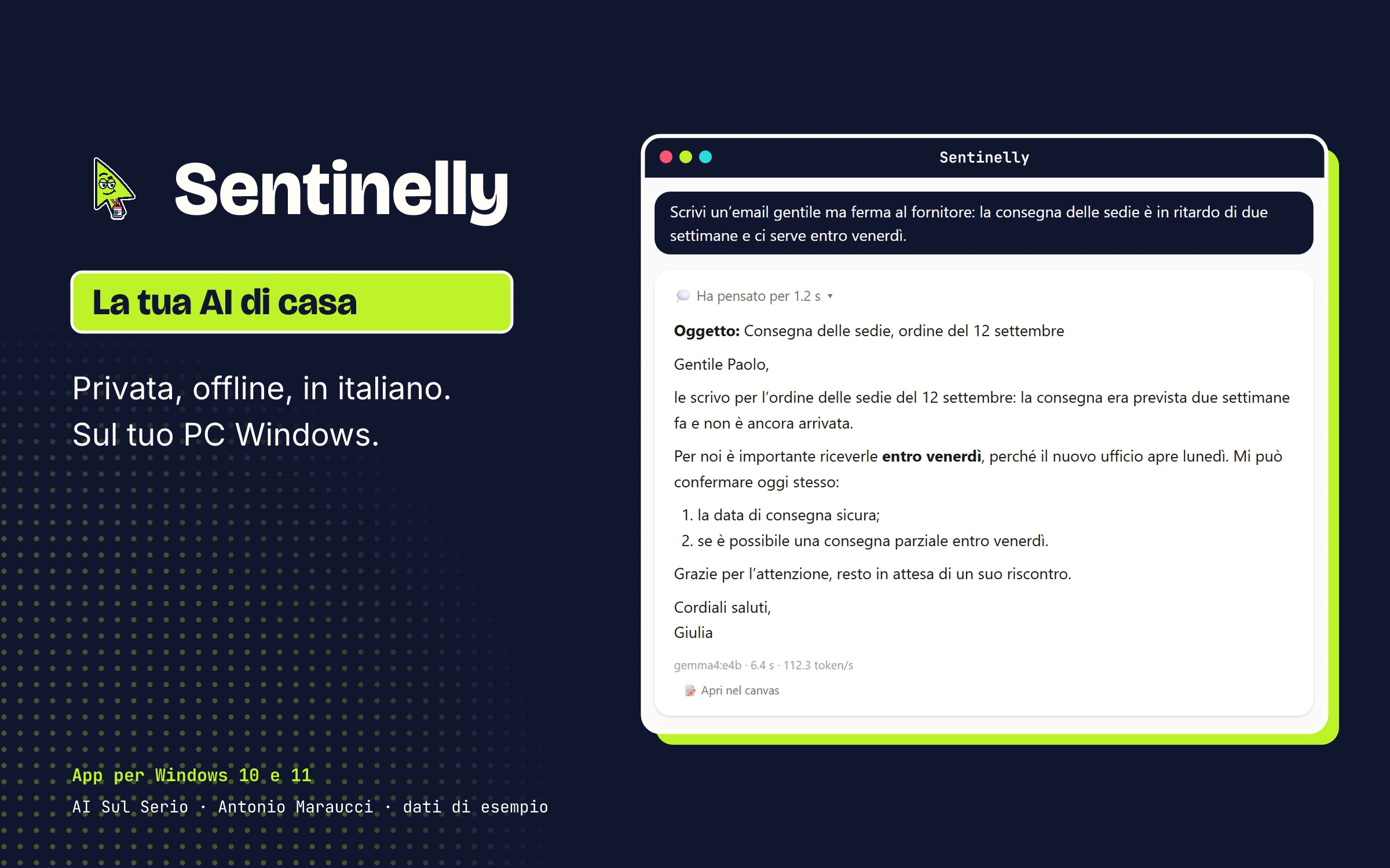 Sentinelly, la tua AI di casa: la chat scrive un’email al fornitore (dati di esempio)