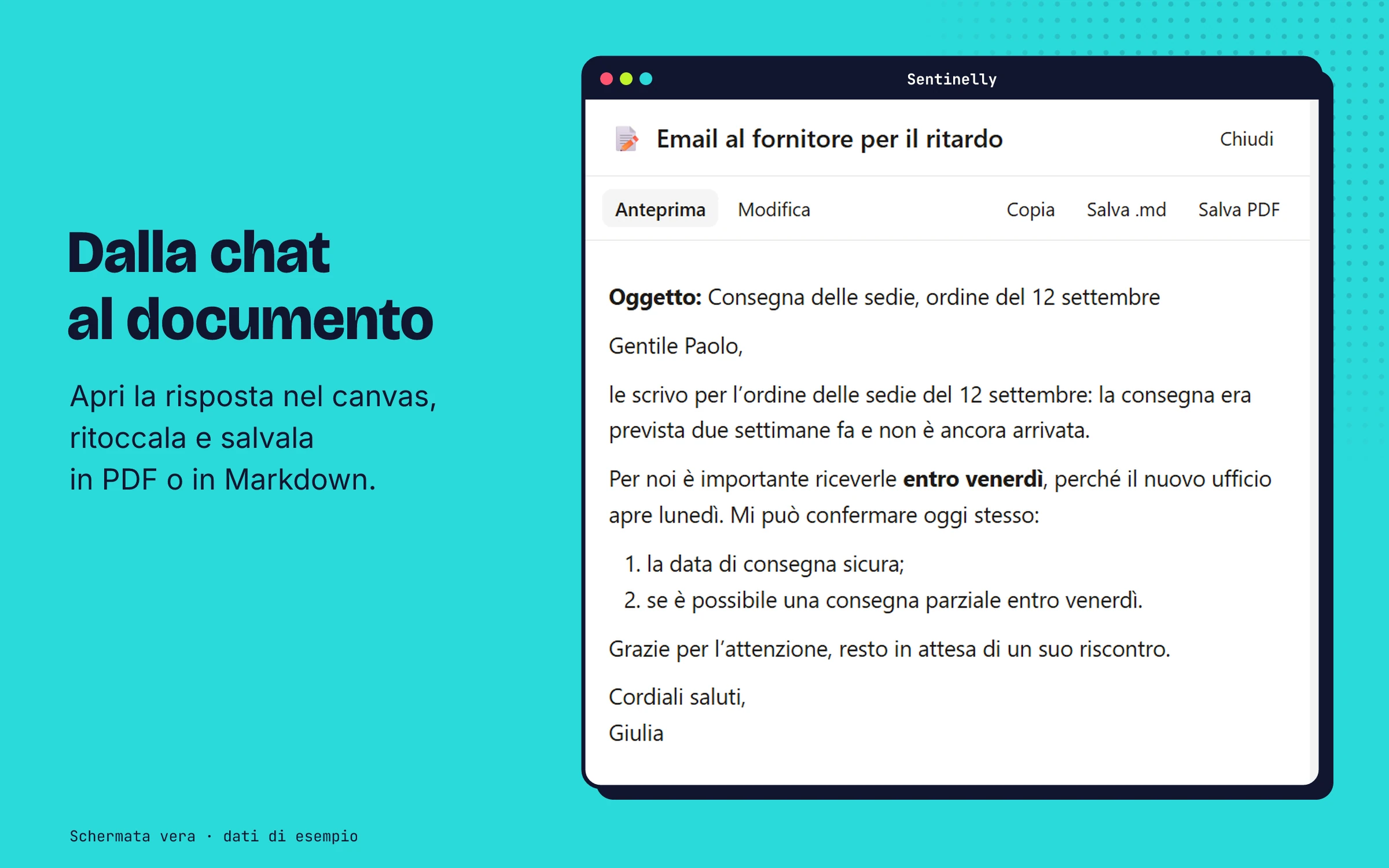 La risposta aperta nel canvas, con Anteprima, Modifica, Copia, Salva .md e Salva PDF (dati di esempio)