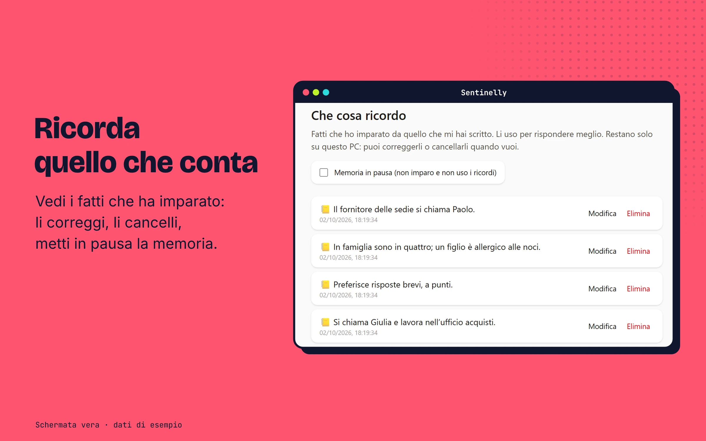 La pagina Che cosa ricordo, con i fatti imparati, Modifica, Elimina e la memoria in pausa (dati di esempio)