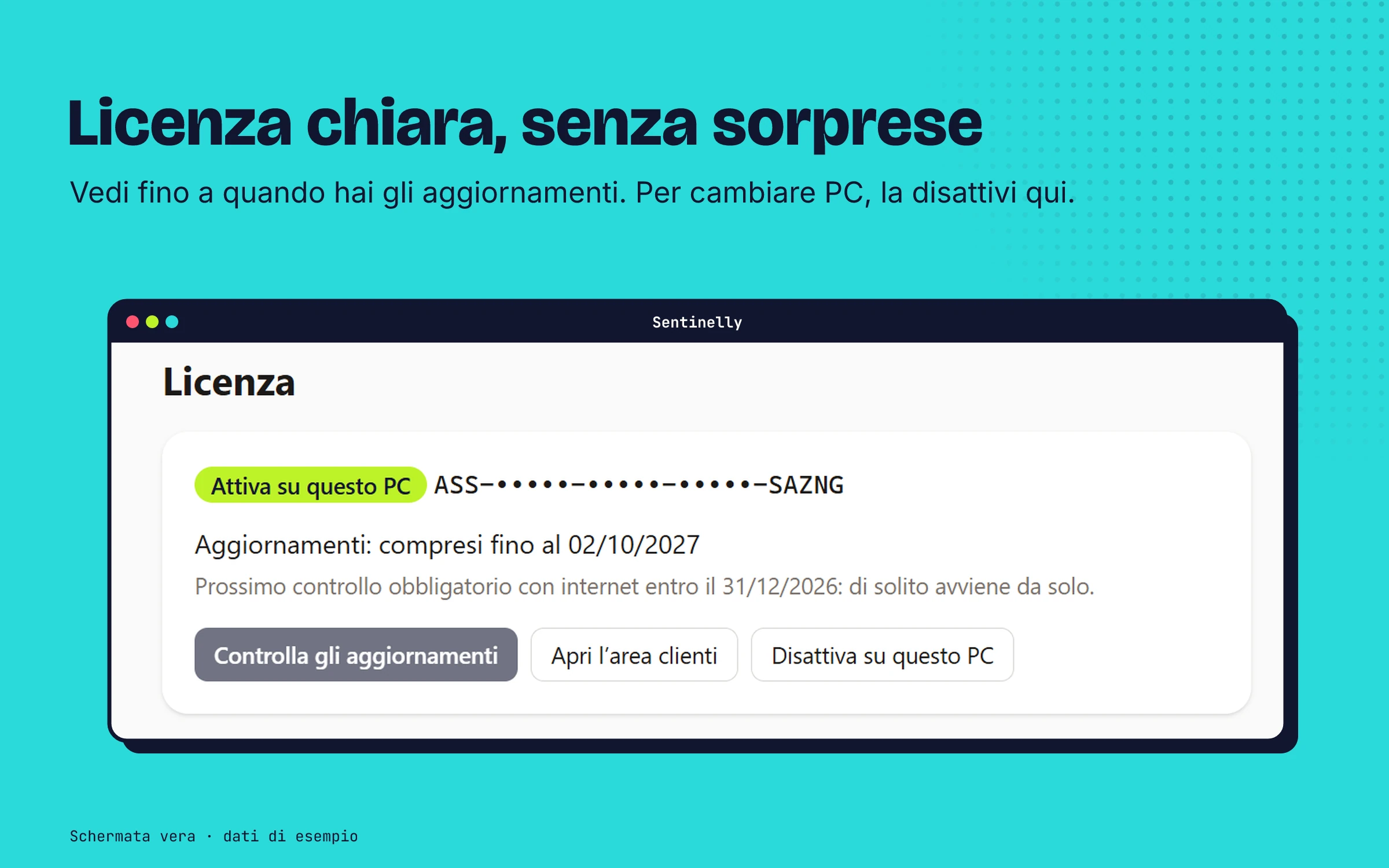 La pagina Licenza: attiva su questo PC, aggiornamenti compresi fino a una data, Disattiva su questo PC