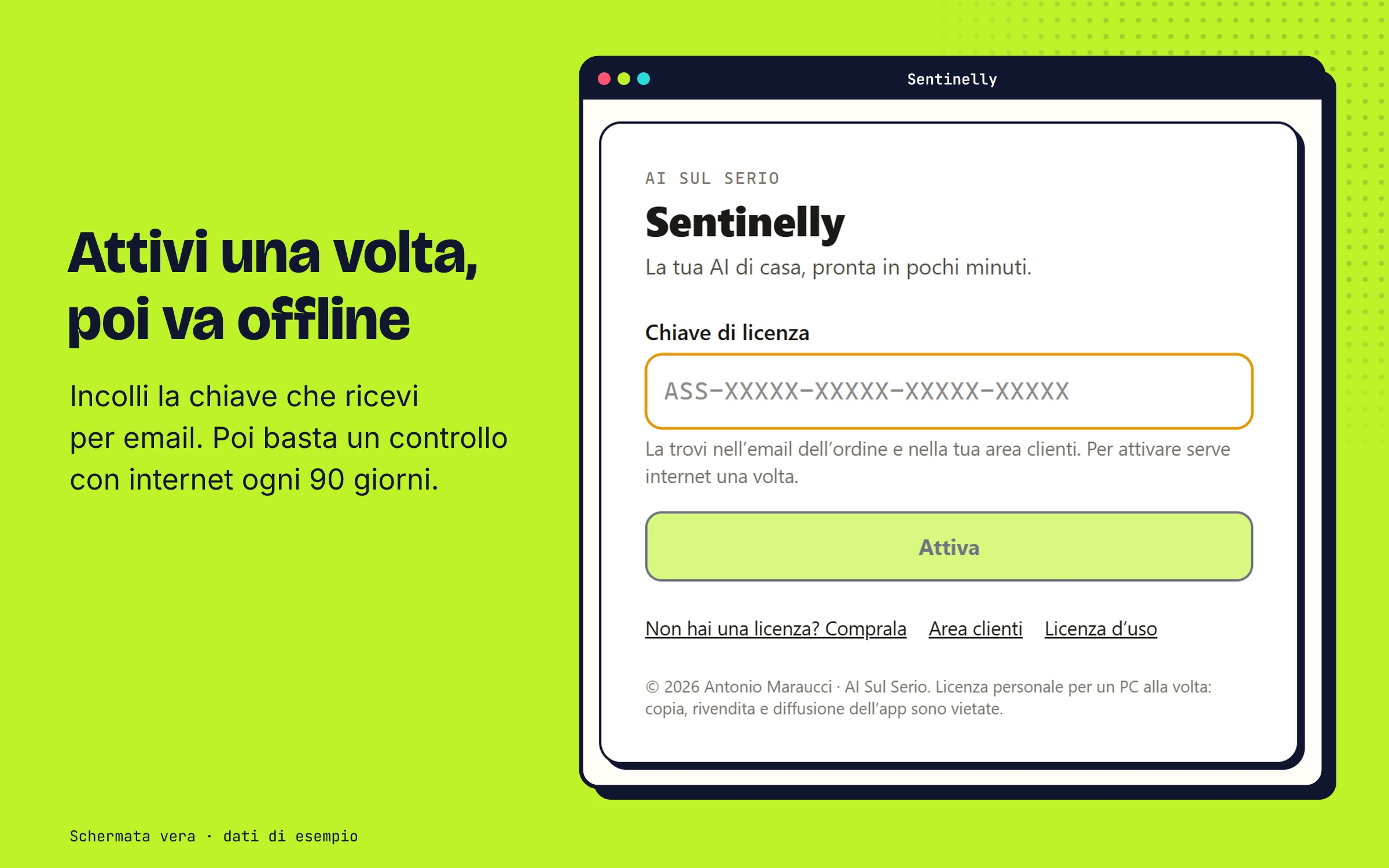 La schermata di attivazione, dove incolli la chiave di licenza