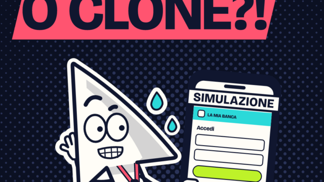 Serio, il cursore di AI Sul Serio, sbiancato, tiene un telefono con una finta pagina di accesso della banca all’indirizzo lamiabamca.example. Titolo: «Sito vero o clone?!»