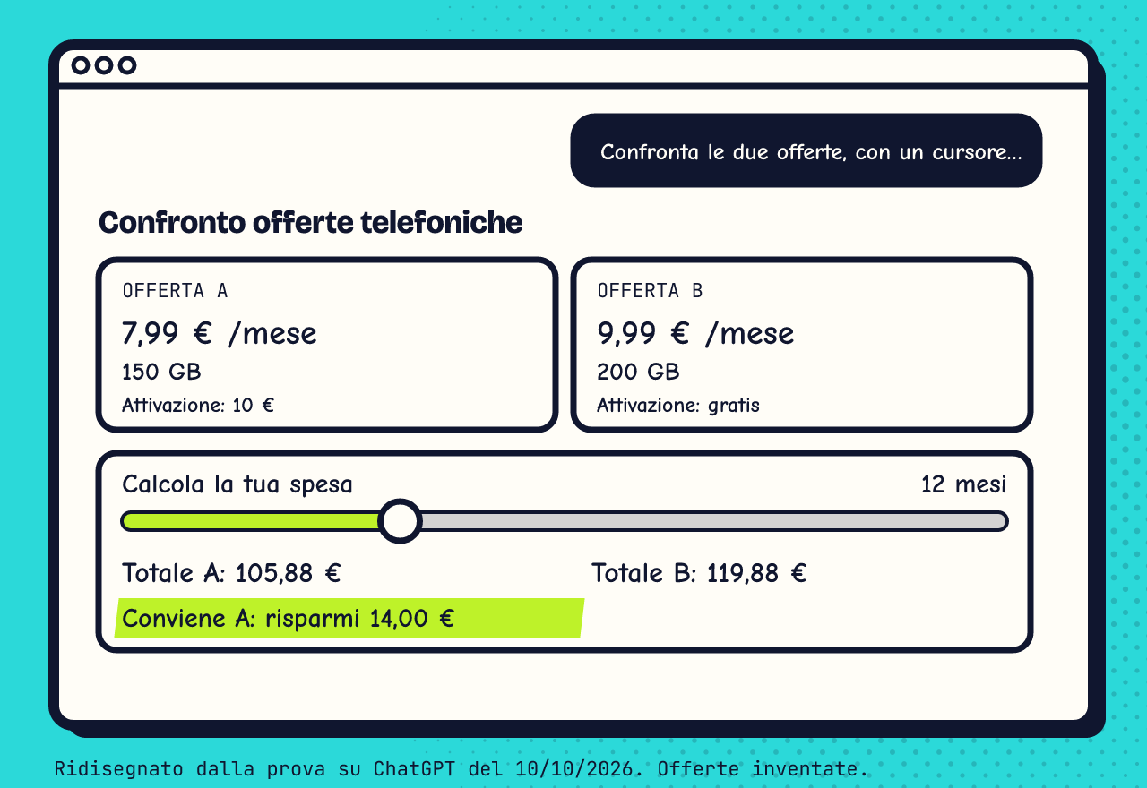 Una chat di ChatGPT ridisegnata. In alto a destra la richiesta: confronta le due offerte, con un cursore. Sotto, la risposta: due schede affiancate, offerta A a 7,99 euro al mese con 150 gigabyte e 10 euro di attivazione, offerta B a 9,99 euro al mese con 200 gigabyte e attivazione gratis. Più in basso un cursore fermo su 12 mesi, i totali, 105,88 euro per A e 119,88 euro per B, e la conclusione evidenziata: conviene A, risparmi 14 euro.