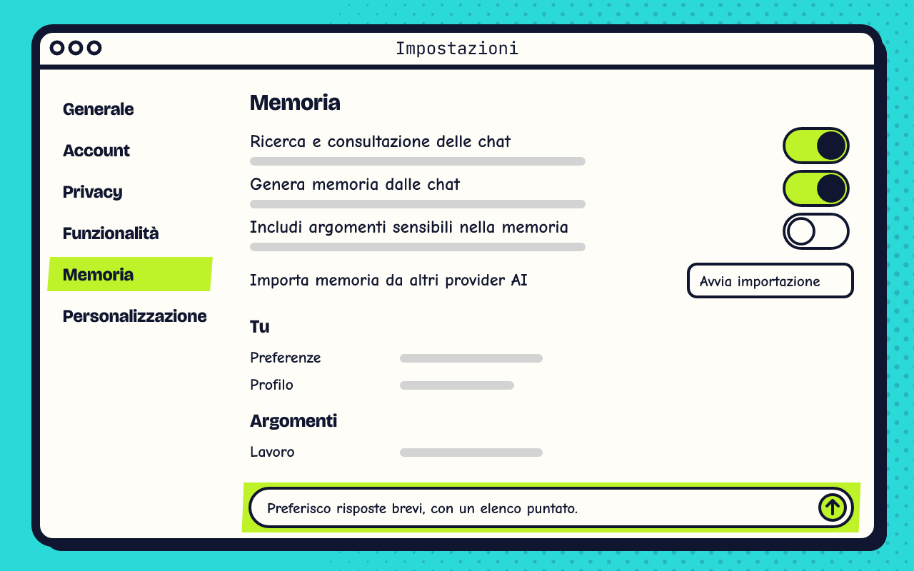 La pagina Memoria delle impostazioni di Claude, ridisegnata. A sinistra il menu con Memoria evidenziata. A destra tre interruttori: Ricerca e consultazione delle chat, Genera memoria dalle chat, Includi argomenti sensibili nella memoria. Sotto, la riga Importa memoria da altri provider AI con il pulsante Avvia importazione, poi le sezioni Tu e Argomenti. In basso, una casella dove è scritto un esempio: Preferisco risposte brevi, con un elenco puntato.